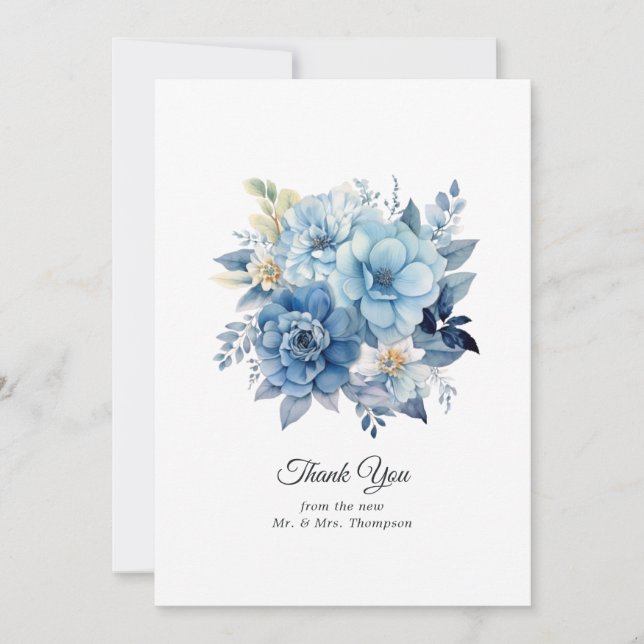 Tarjeta De Agradecimiento Boda Floral Azul Dusty (Anverso)
