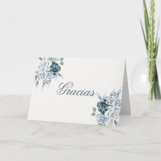 Tarjeta De Agradecimiento Boda Floral Azul Español (Anverso)