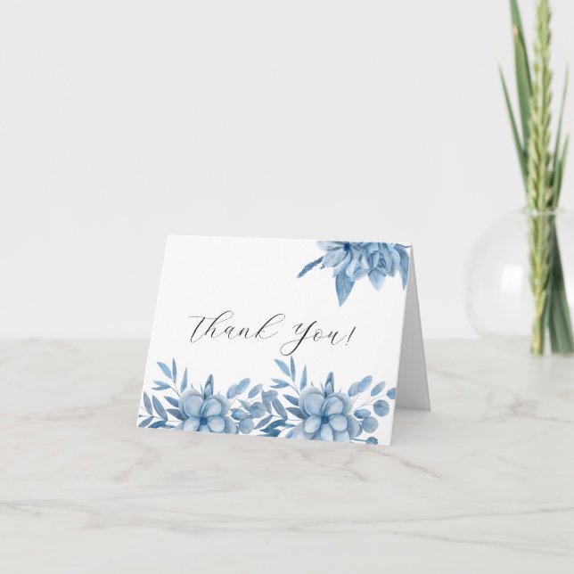 Tarjeta De Agradecimiento Boda Floral Azul Gris Gris Frosty Gracias Cartas (Anverso)