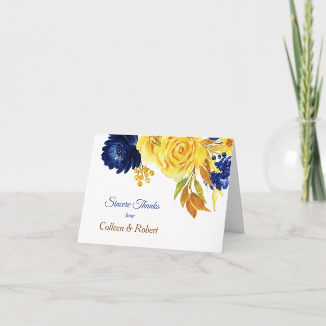 Tarjeta De Agradecimiento Boda floral azul marino de oro brillante (Anverso)