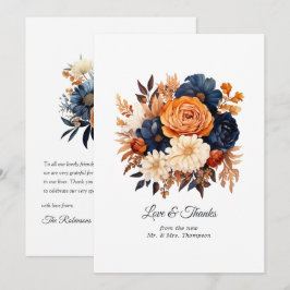 Tarjeta De Agradecimiento Boda floral azul marino, naranja quemada y champán
