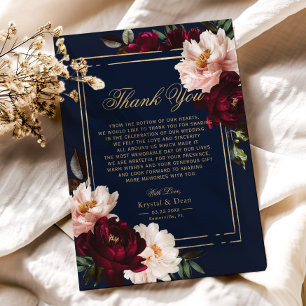 Tarjeta De Agradecimiento Boda floral azul marino rubor borgoña oscuro y som