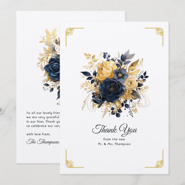 Tarjeta De Agradecimiento Boda floral azul marino y dorado (Anverso / Reverso)