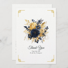 Tarjeta De Agradecimiento Boda floral azul marino y dorado