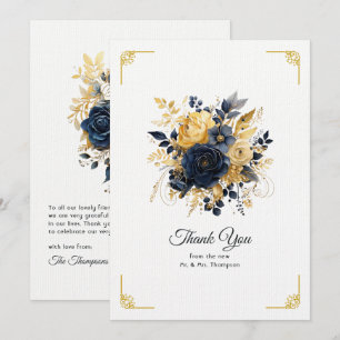 Tarjeta De Agradecimiento Boda floral azul marino y dorado