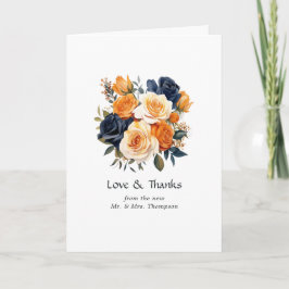 Tarjeta De Agradecimiento Boda floral azul marino y naranja