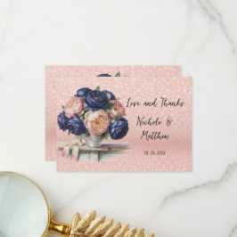 Tarjeta De Agradecimiento Boda floral azul marino y Rosa dorado