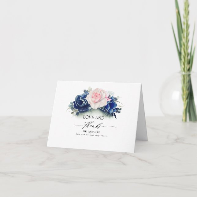 Tarjeta De Agradecimiento Boda floral azul marino y rosa gracias (Anverso)