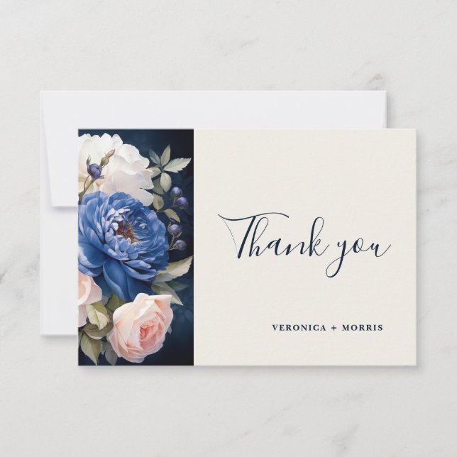 Tarjeta De Agradecimiento Boda floral azul marino y rosa polvoriento (Anverso)