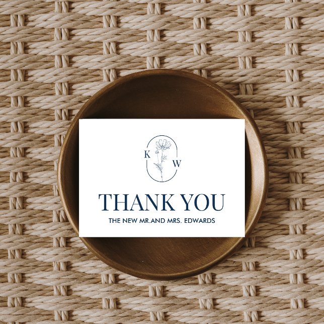 Tarjeta De Agradecimiento Boda floral azul minimalista (Blue Minimalist Floral Wedding Thank you Card)