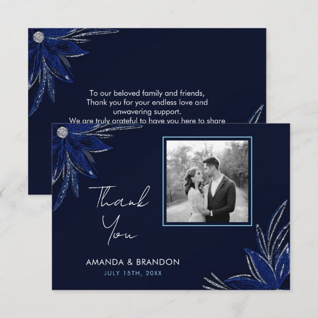 Tarjeta De Agradecimiento Boda floral azul moda Plata y Marina (Anverso / Reverso)