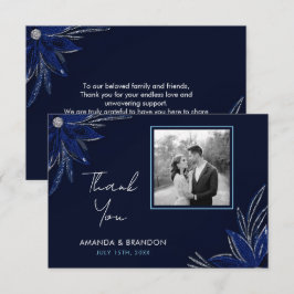 Tarjeta De Agradecimiento Boda floral azul moda Plata y Marina