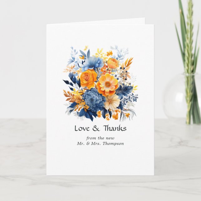 Tarjeta De Agradecimiento Boda floral azul, Naranja y amarillo (Anverso)