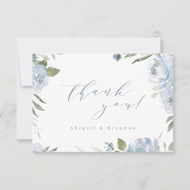 Tarjeta De Agradecimiento Boda floral azul polvoriento de jardín romántico (Anverso)