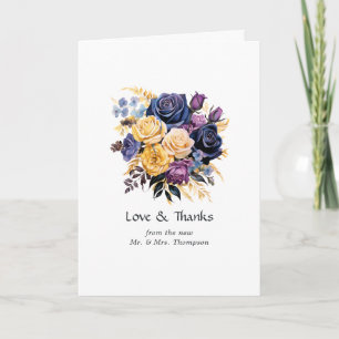 Tarjeta De Agradecimiento Boda floral azul, púrpura, dorado y negro
