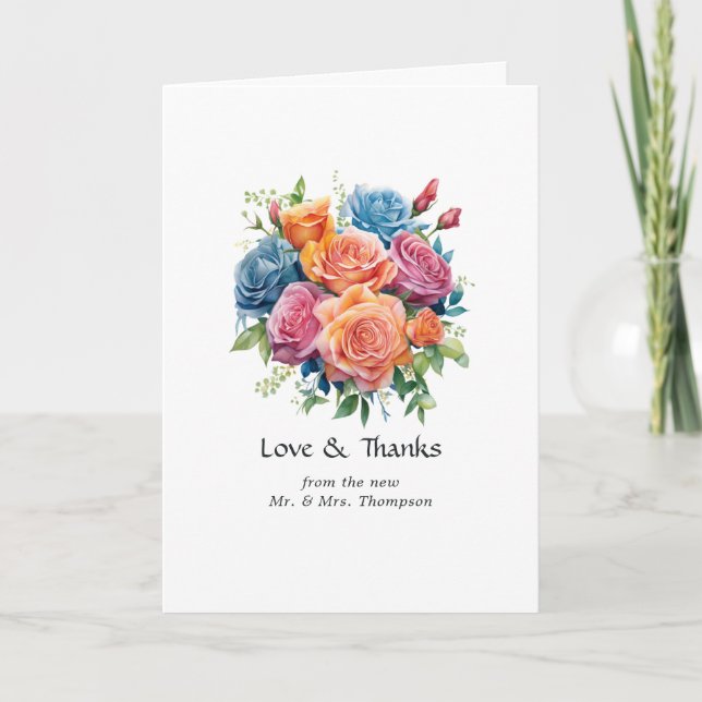 Tarjeta De Agradecimiento Boda floral azul, rosa, Naranja y verde (Anverso)