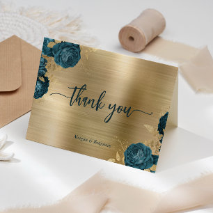 Tarjeta De Agradecimiento Boda Floral Azul Teal Metal Cepillado Dorado