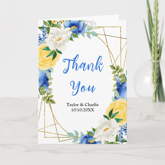 Tarjeta De Agradecimiento Boda floral azul y amarillo (Anverso)