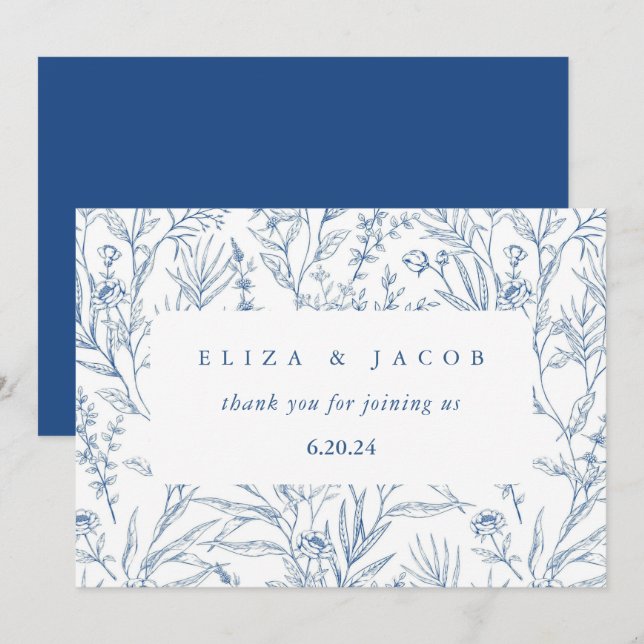 Tarjeta De Agradecimiento Boda floral azul y blanca Preciosa (Anverso / Reverso)