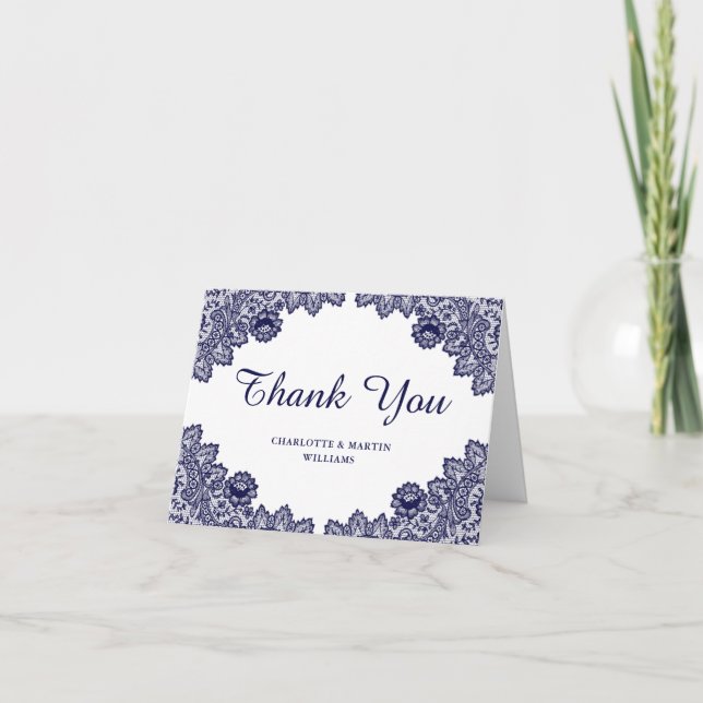 Tarjeta De Agradecimiento Boda floral azul y blanco de la Marina (Anverso)