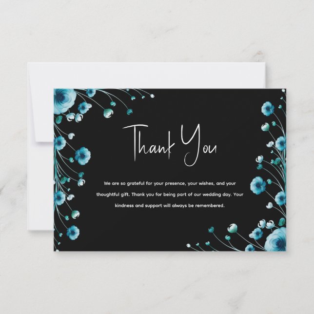 Tarjeta De Agradecimiento Boda floral azul y negro de inspiración oceánica (Anverso)
