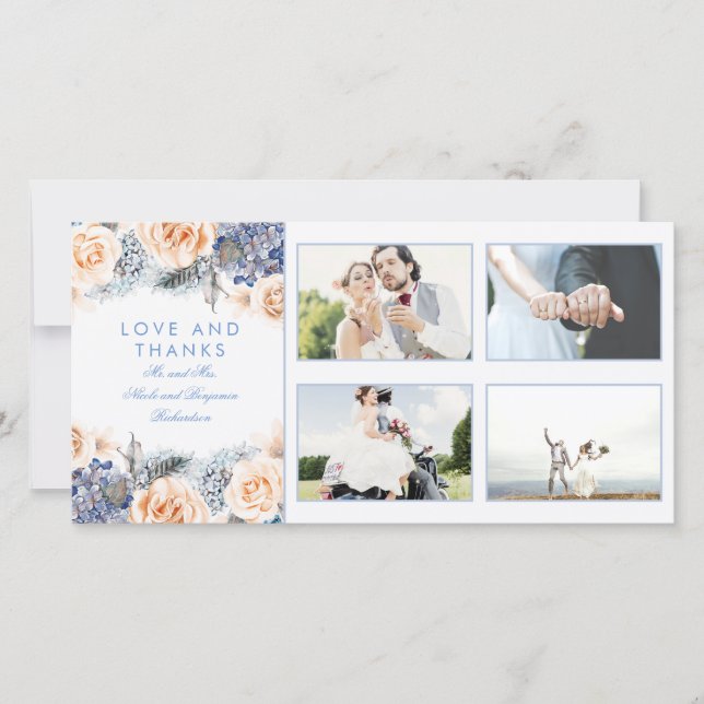 Tarjeta De Agradecimiento Boda Floral Azul y Peach (Anverso)