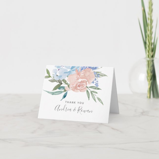 Tarjeta De Agradecimiento Boda floral azul y rosa turbio (Anverso)
