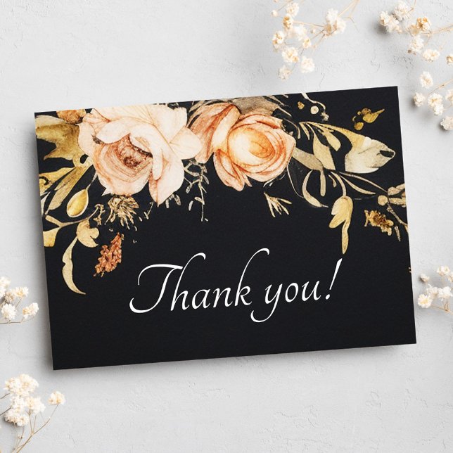 Tarjeta De Agradecimiento Boda floral Black Modern Fall (Black Modern Fall Floral Wedding Thank You Card)