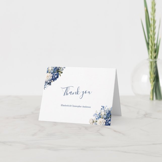 Tarjeta De Agradecimiento Boda floral blanca azul ducha de novia (Anverso)