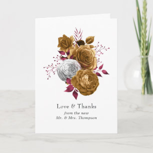Tarjeta De Agradecimiento Boda floral blanca, borgoña y dorada