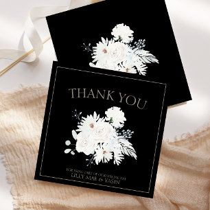 Tarjeta De Agradecimiento Boda Floral Blanca de Invierno Elegante Negra