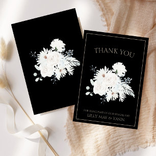 Tarjeta De Agradecimiento Boda Floral Blanca de Invierno Elegante Negra