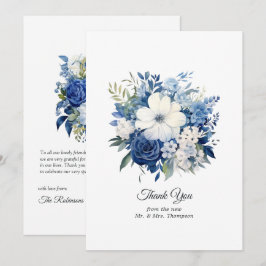 Tarjeta De Agradecimiento Boda floral blanca y azul marino