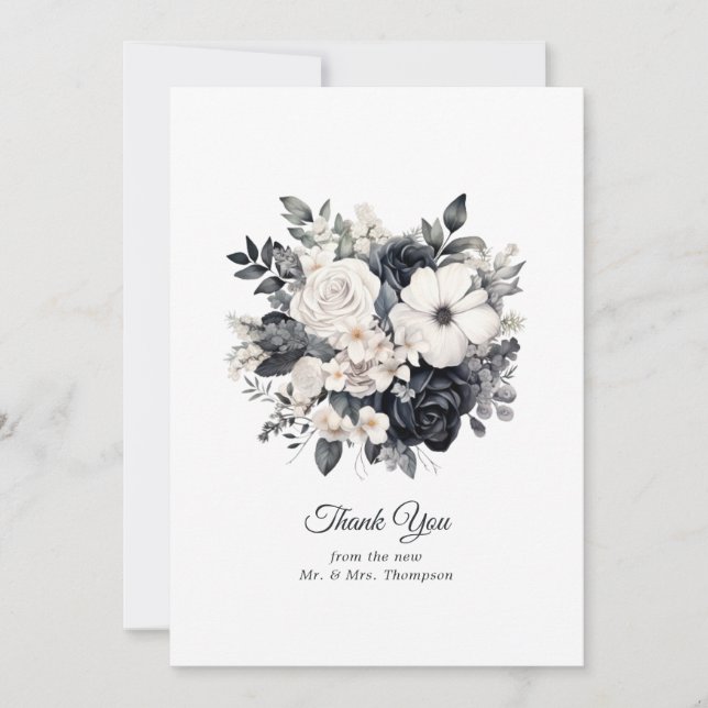 Tarjeta De Agradecimiento Boda floral blanco y negro (Anverso)