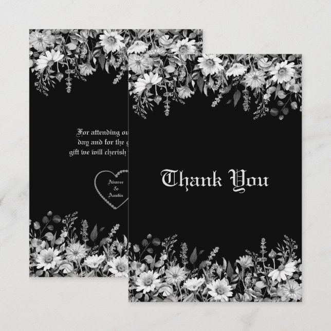 Tarjeta De Agradecimiento Boda floral blanco y negro (Anverso / Reverso)