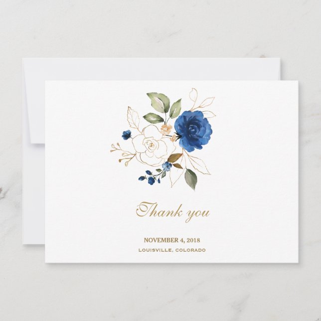 Tarjeta De Agradecimiento Boda Floral Blue Gold de lujo Gracias (Anverso)