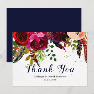 Tarjeta De Agradecimiento Boda floral Boho Borgoña en negrita