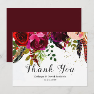 Tarjeta De Agradecimiento Boda floral Boho Burgundy en negrita