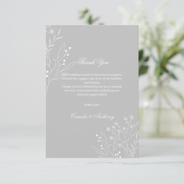 Tarjeta De Agradecimiento Boda Floral Boho de la esquina blanca plateada (Anverso de pie)