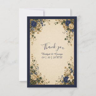 Tarjeta De Agradecimiento Boda floral botánica azul real medieval