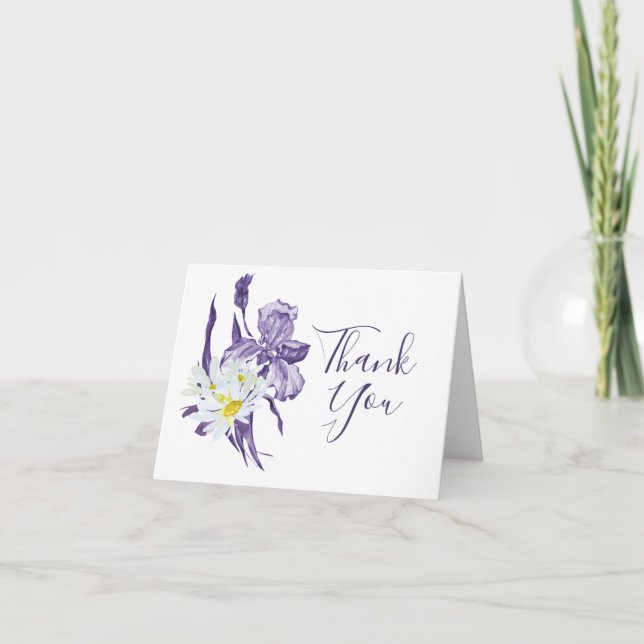 Tarjeta De Agradecimiento Boda Floral Botánica Purple Iris White Daisy (Anverso)