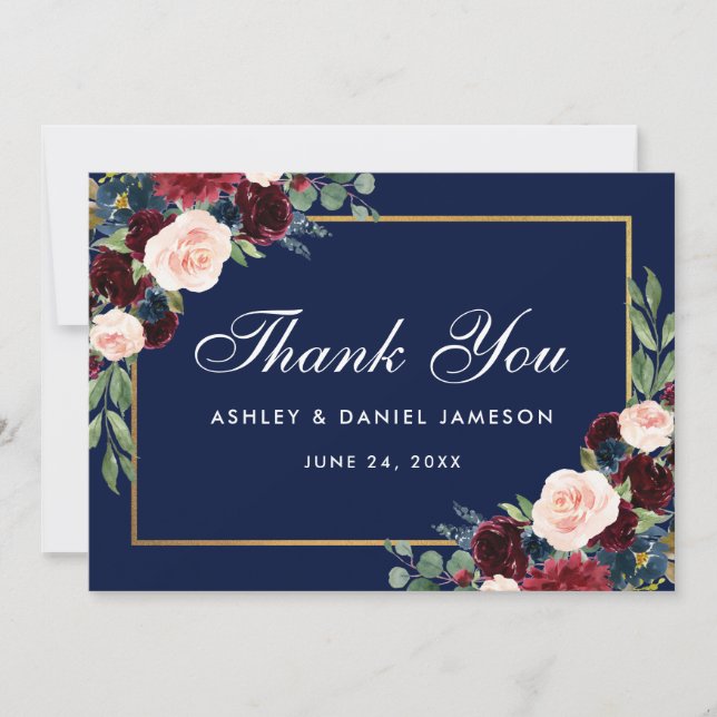 Tarjeta De Agradecimiento Boda Floral Burgundy Blue Gold (Anverso)