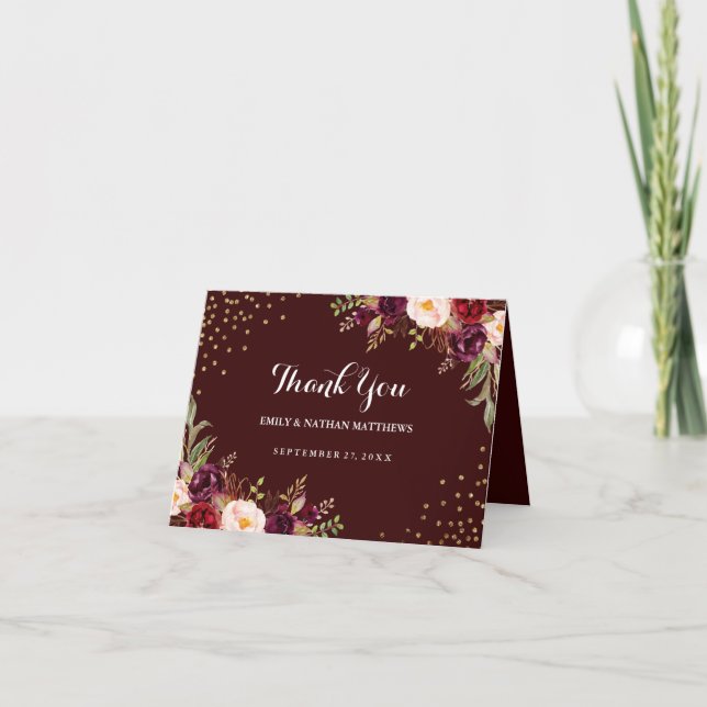 Tarjeta De Agradecimiento Boda Floral Burgundy Gold Confetti (Anverso)