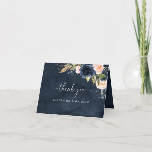 Tarjeta De Agradecimiento Boda floral con brillo de la Marina de oro