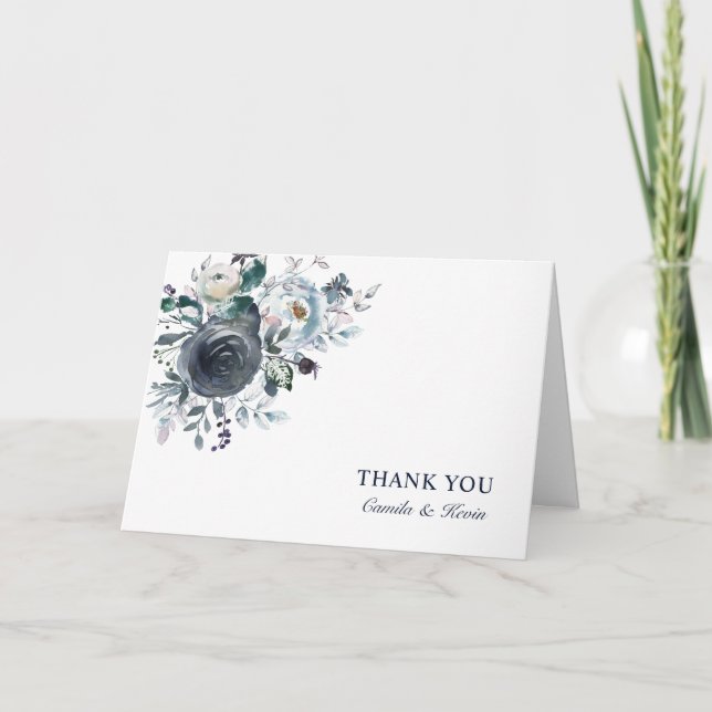 Tarjeta De Agradecimiento Boda floral de acuarela azul de marina | FOTO (Anverso)