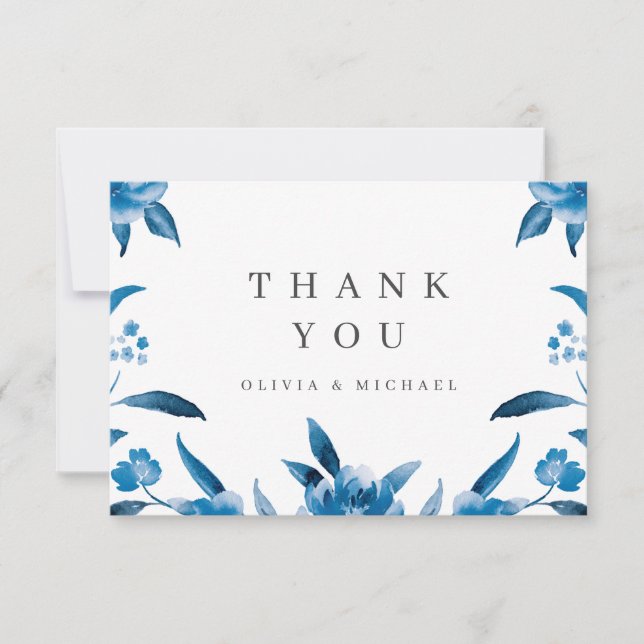 Tarjeta De Agradecimiento Boda floral de acuarela azul y blanca gracias (Anverso)