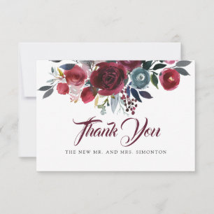 Tarjeta De Agradecimiento Boda floral de acuarela rojo burdeos