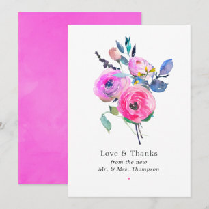 Tarjeta De Agradecimiento Boda floral de acuarela rosa caliente