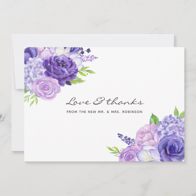 Tarjeta De Agradecimiento Boda floral de acuarela ultra violeta (Anverso)