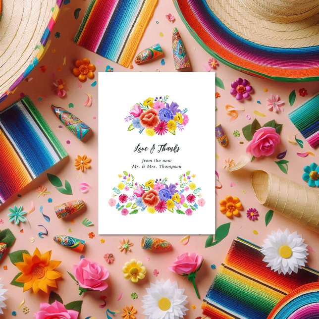 Tarjeta De Agradecimiento Boda floral de arte popular mexicana de fiesta (Mexican Fiesta Folk Art Floral Wedding Thank You Card)